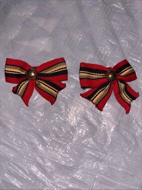 Kids Red Striped Ribbon Bow Hair Clips with Brass Button - Pack of 2
